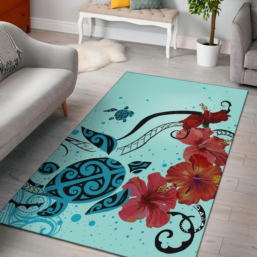 Sea Turtle Hibiscus Area Rug AH Black - Polynesian Pride