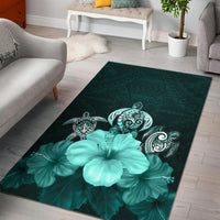 Polynesian Area Rug Turtle And Hibiscus Turquoise Turquoise - Polynesian Pride