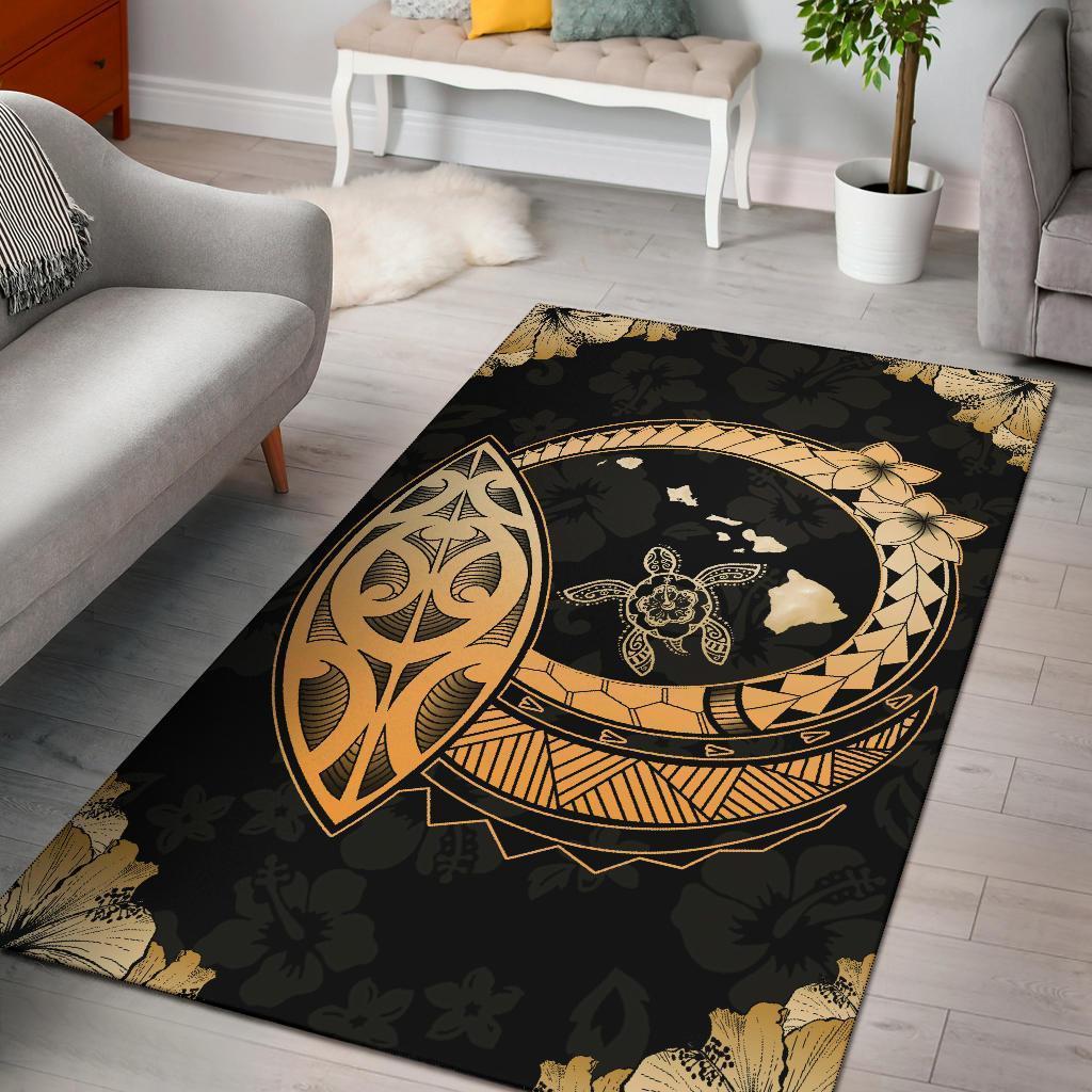 Hawaii Turtle Hibiscus Corner Map Polynesian Area Rug AH Rug Gold - Polynesian Pride