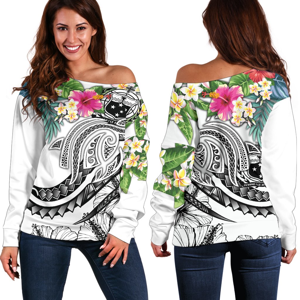 Polynesian Samoa Women's Off Shoulder Sweater - Summer Plumeria (White) White - Polynesian Pride