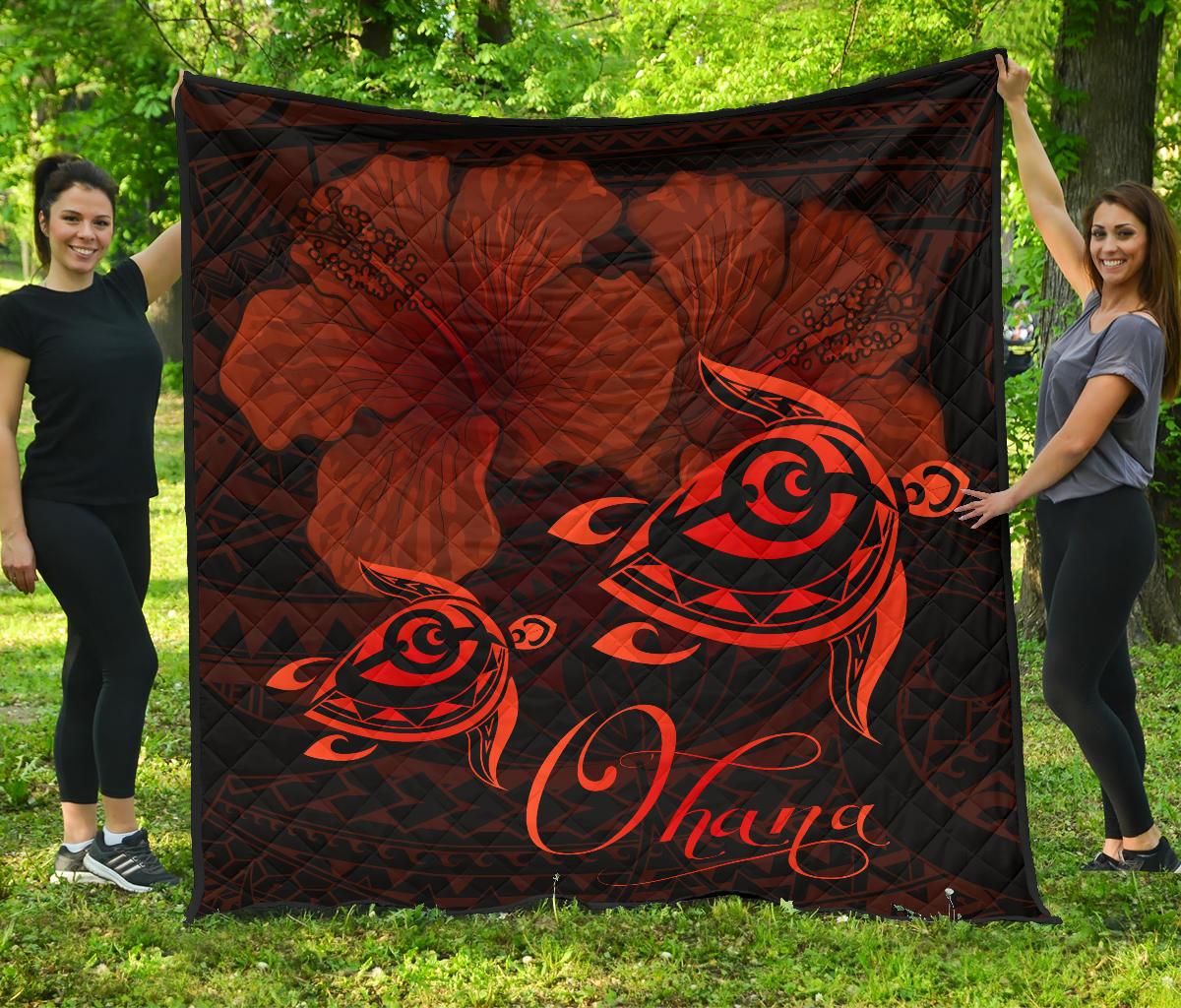Hawaii Turtle Ohana Hibiscus Poly Premium Quilt Red Red - Polynesian Pride