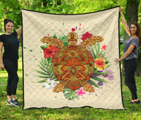Hawaii Turtle Life Hibiscus Design Premium Quilt Beige - Polynesian Pride