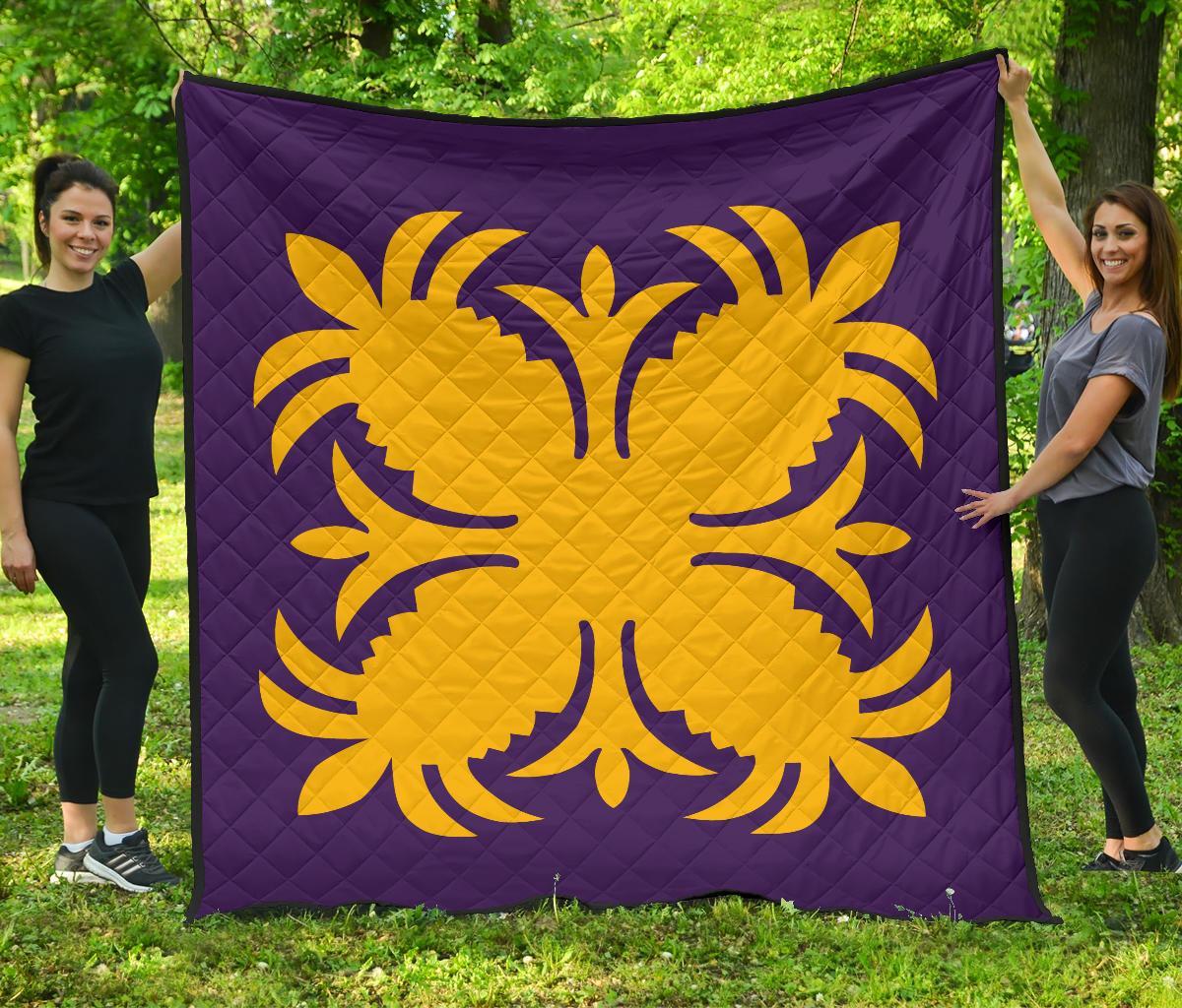 Hawaiian Premium Quilt Royal Pattern - Purple And Gold - A2 Style Purple - Polynesian Pride