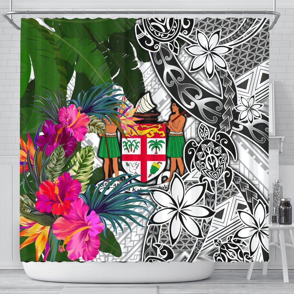 Fiji Shower Curtain White - Turtle Plumeria Banana Leaf Crest 177 x 172 (cm) White - Polynesian Pride