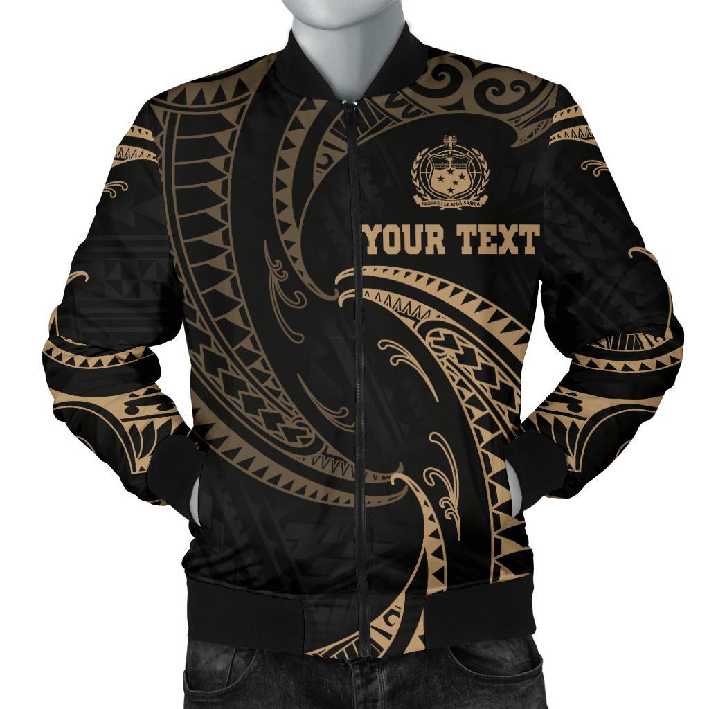 Samoa Polynesian Custom Personalised Men's Bomber Jacket - Gold Tribal Wave Black - Polynesian Pride