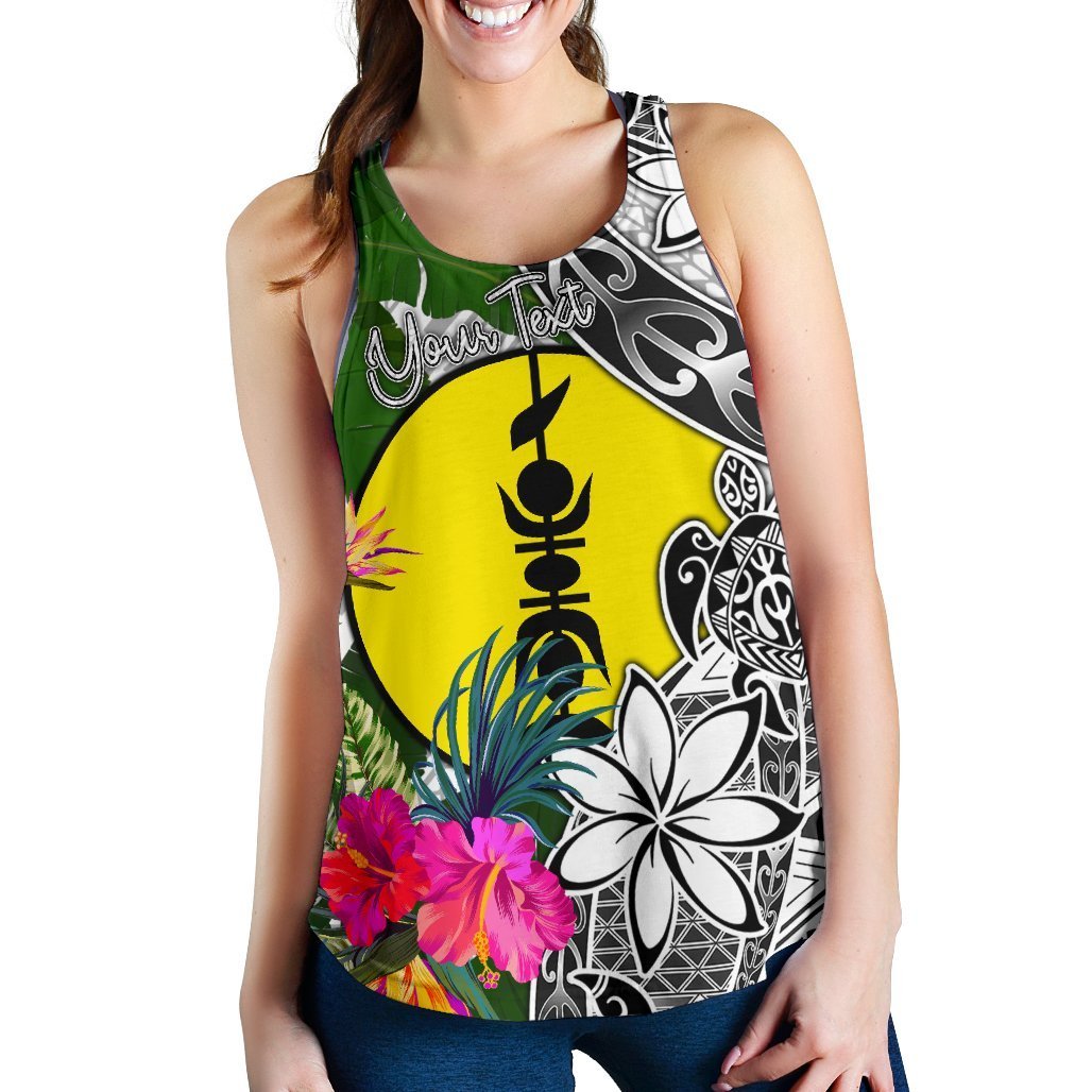 New Caledonia Custom Personalised Women's Racerback Tank White - Turtle Plumeria Banana Leaf - Polynesian Pride