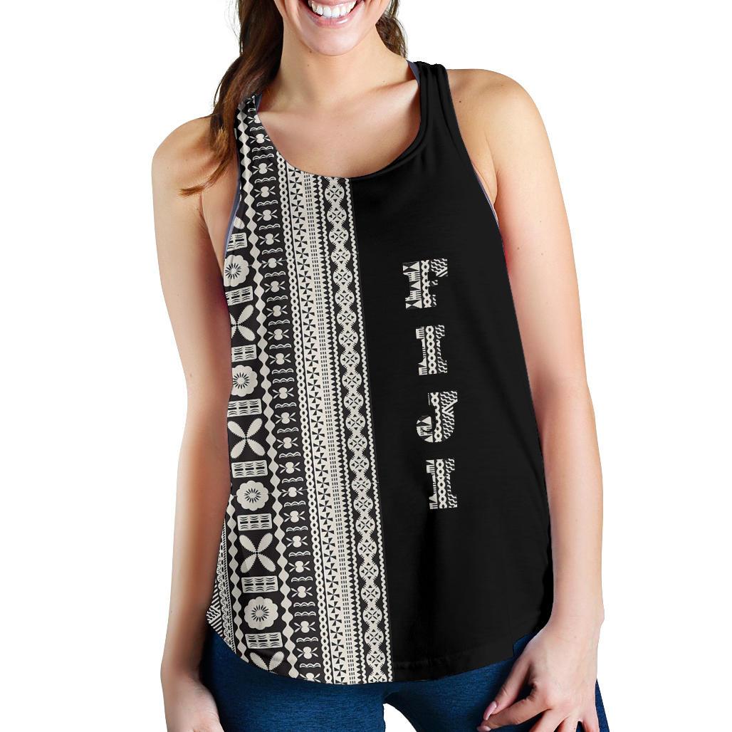 Fiji Women's Racerback Tank Tapa Half With Coat Of Arms TH1 Black - Polynesian Pride