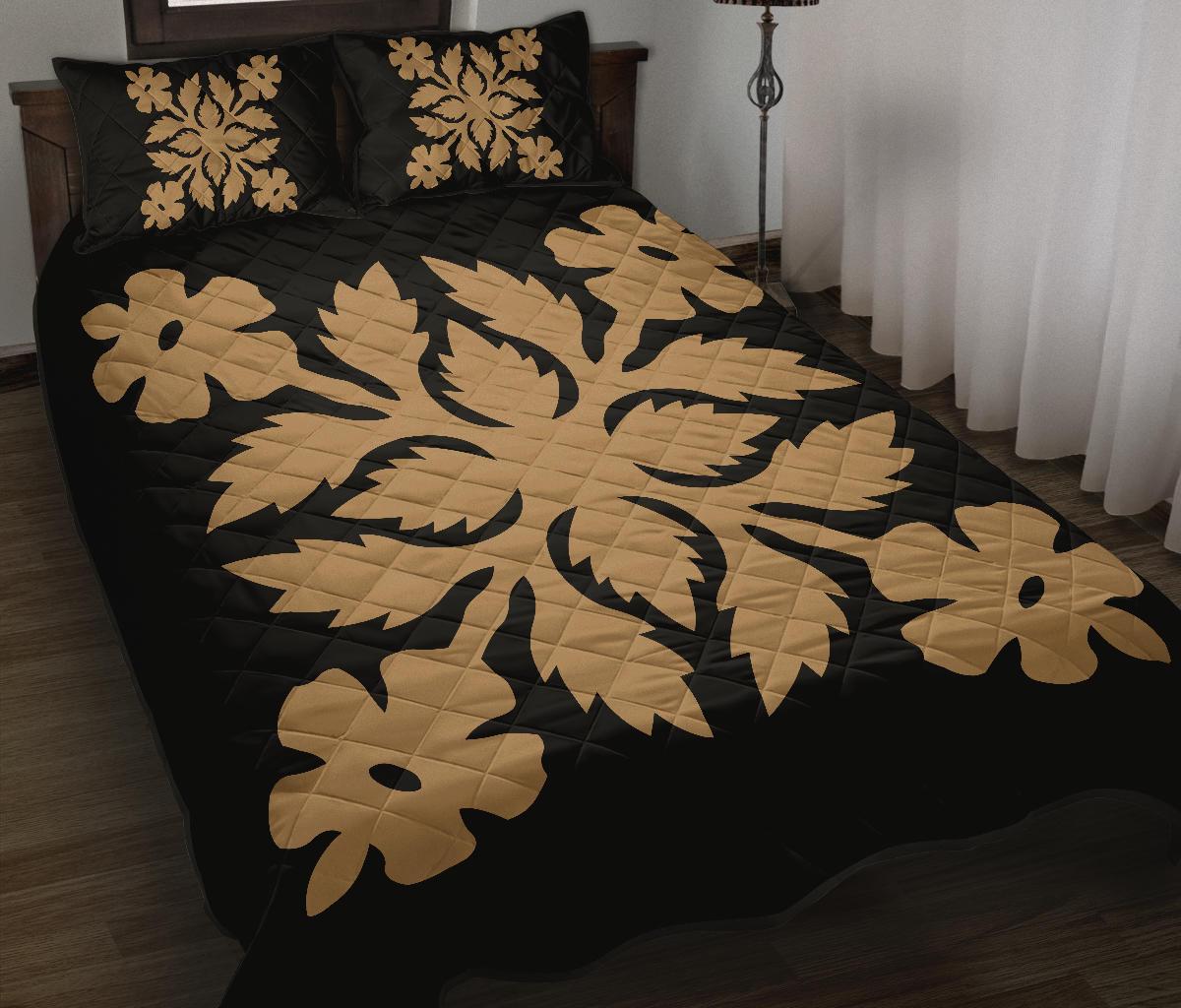 Hawaiian Quilt Bed Set Royal Pattern - Black And Gold - B2 Style Gold - Polynesian Pride