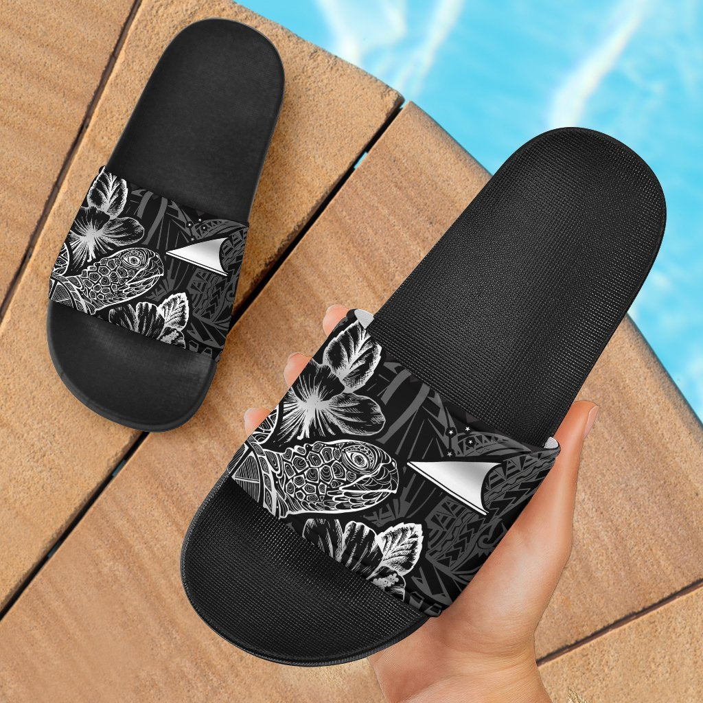 Tokelau Sandals - Turtle Hibiscus Pattern Black Black - Polynesian Pride