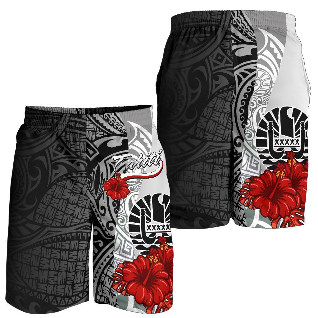 Tahiti Polynesian Men's Shorts - Coat Of Arm With Hibiscus White - Polynesian Pride