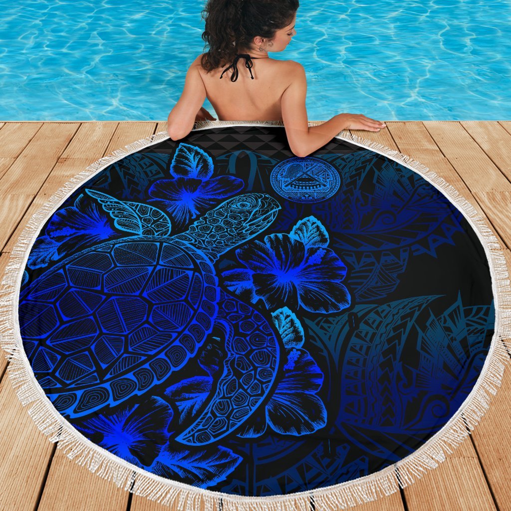 American Samoa Polynesia Beach Blanket Turtle Hibiscus Blue - Polynesian Pride