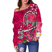 Hawaii Women's Off Shoulder Swear - Turtle Plumeria Polynesian Tattoo Pink Color - Polynesian Pride