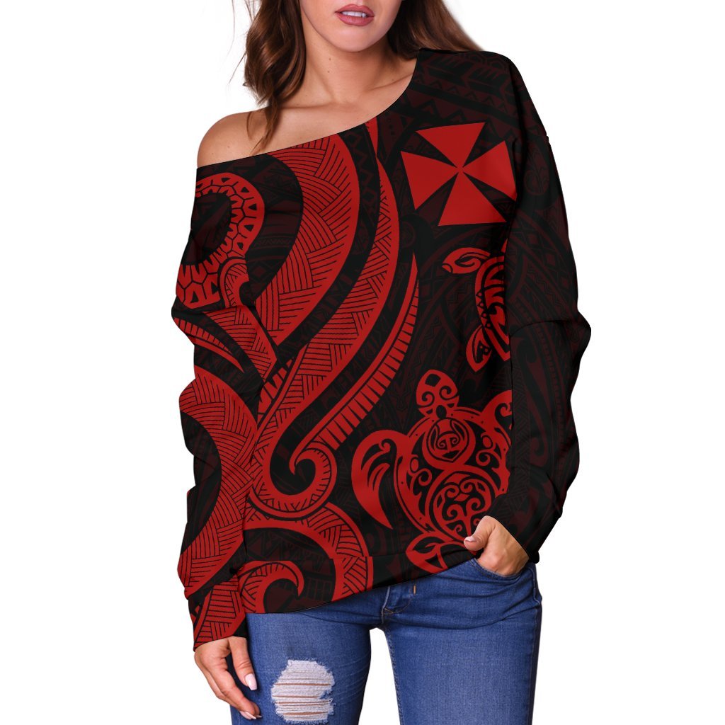 Wallis and Futuna Women's Off Shoulder Sweater - Red Tentacle Turtle - Polynesian Pride