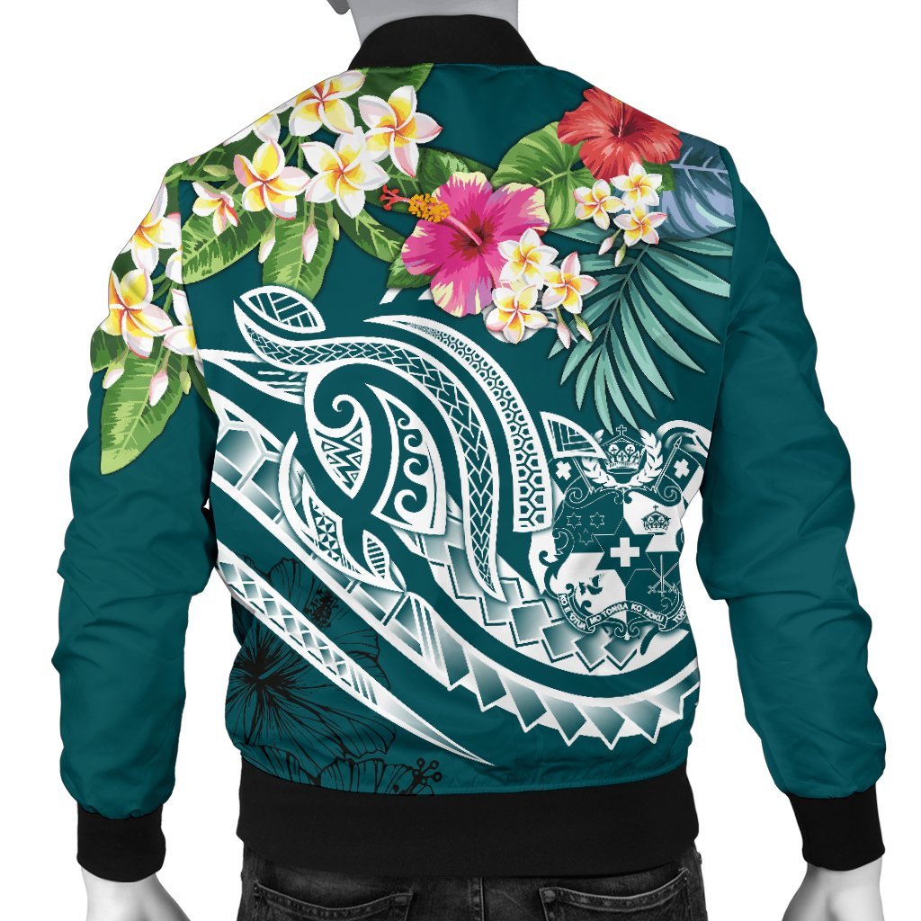 Tonga Polynesian Men's Bomber Jacket - Summer Plumeria (Turquoise) - Polynesian Pride