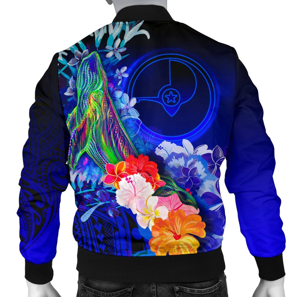 Yap Men's Bomber Jacket - Humpback Whale with Tropical Flowers (Blue) - Polynesian Pride