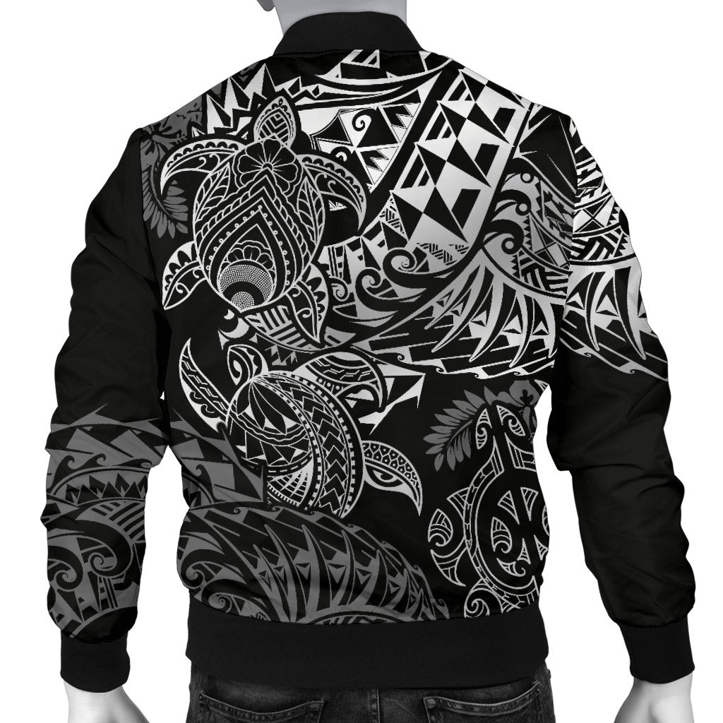 Samoa Polynesian Bomber Jacket (Men) - White Turtle Flowing - Polynesian Pride
