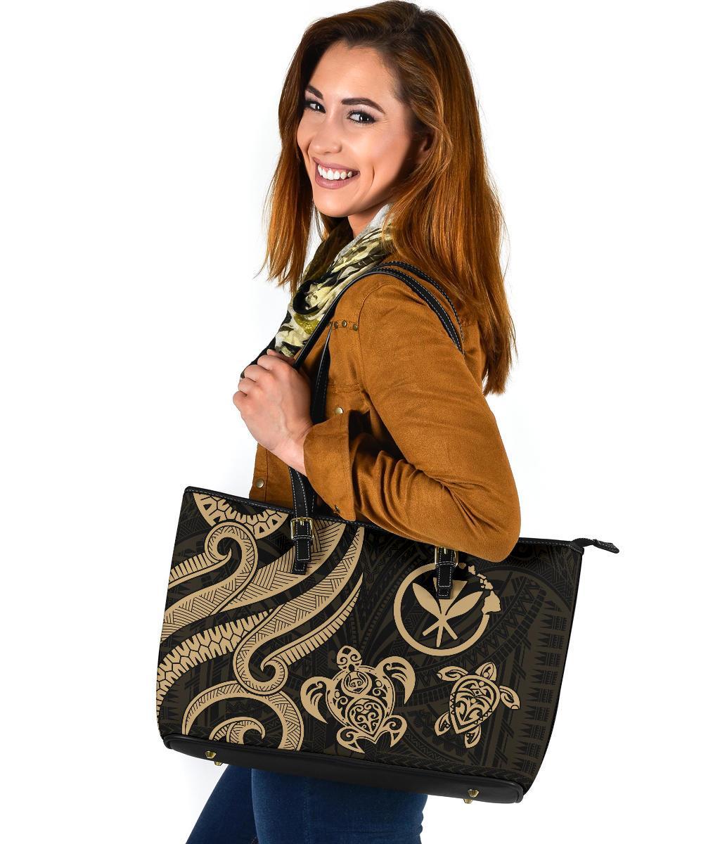 Polynesian Hawaii Large Leather Tote Bag - Gold Tentacle Turtle - Polynesian Pride