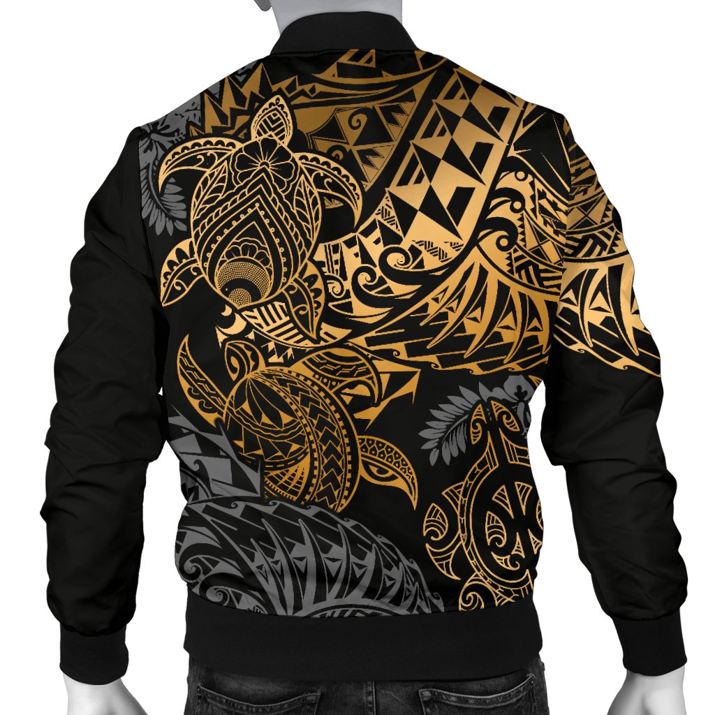 Tahiti Polynesian Men Bomber Jacket - Gold Turtle Hibiscus Flowing - Polynesian Pride