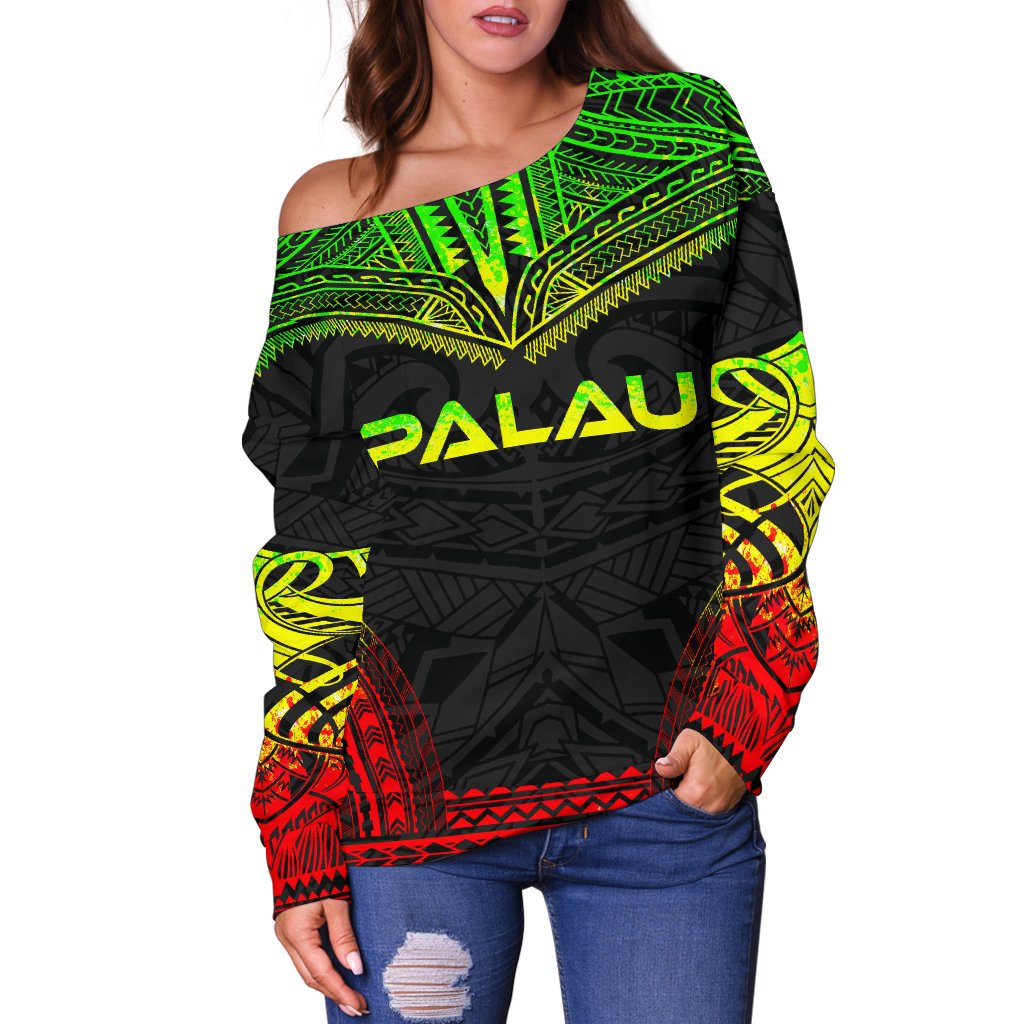Palau Polynesian Chief Women's Off Shoulder Sweater - Reggae Version - Polynesian Pride