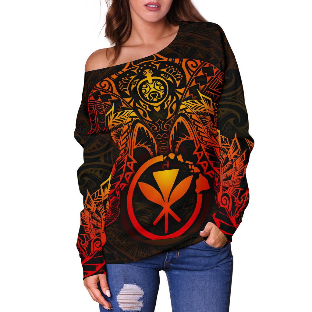 Polynesian Hawaii Women's Off Shoulder Sweater - Red Turtle Manta Ray - Polynesian Pride