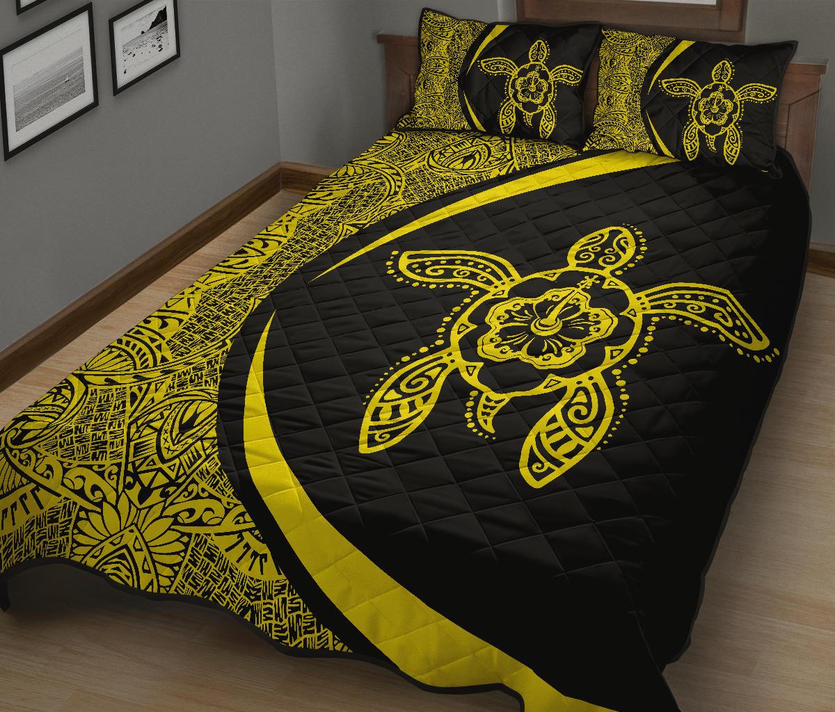 Hawaiian Polynesian Turtle Quilt Bed Set - Circle Style Yellow - Polynesian Pride