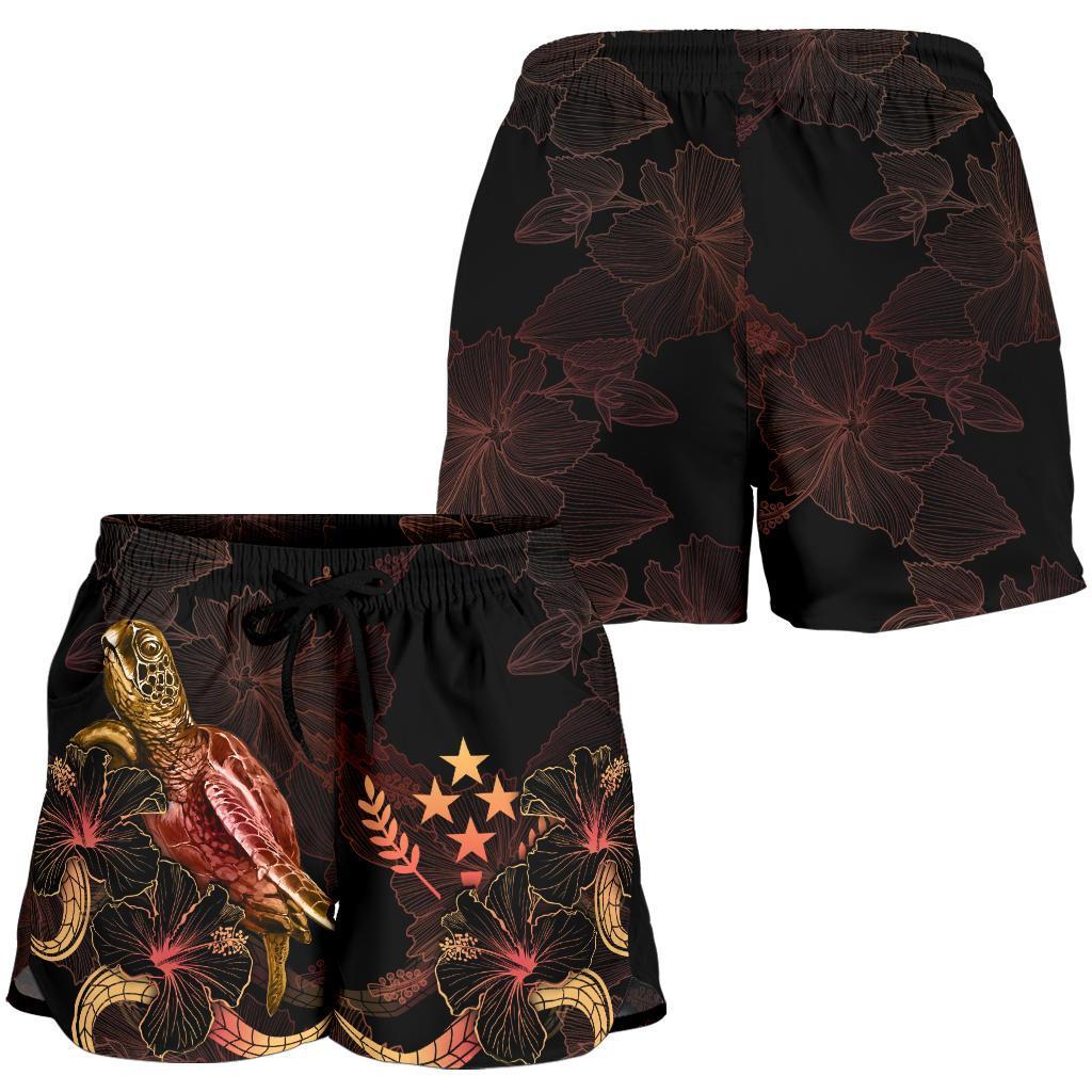 Kosrae Polynesian Women's Shorts - Turtle With Blooming Hibiscus Gold - Polynesian Pride