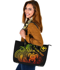 Hawaii Polynesian Personalised Large Leather Tote Bag - Vintage Polynesian Turtle (Reggae) - Polynesian Pride