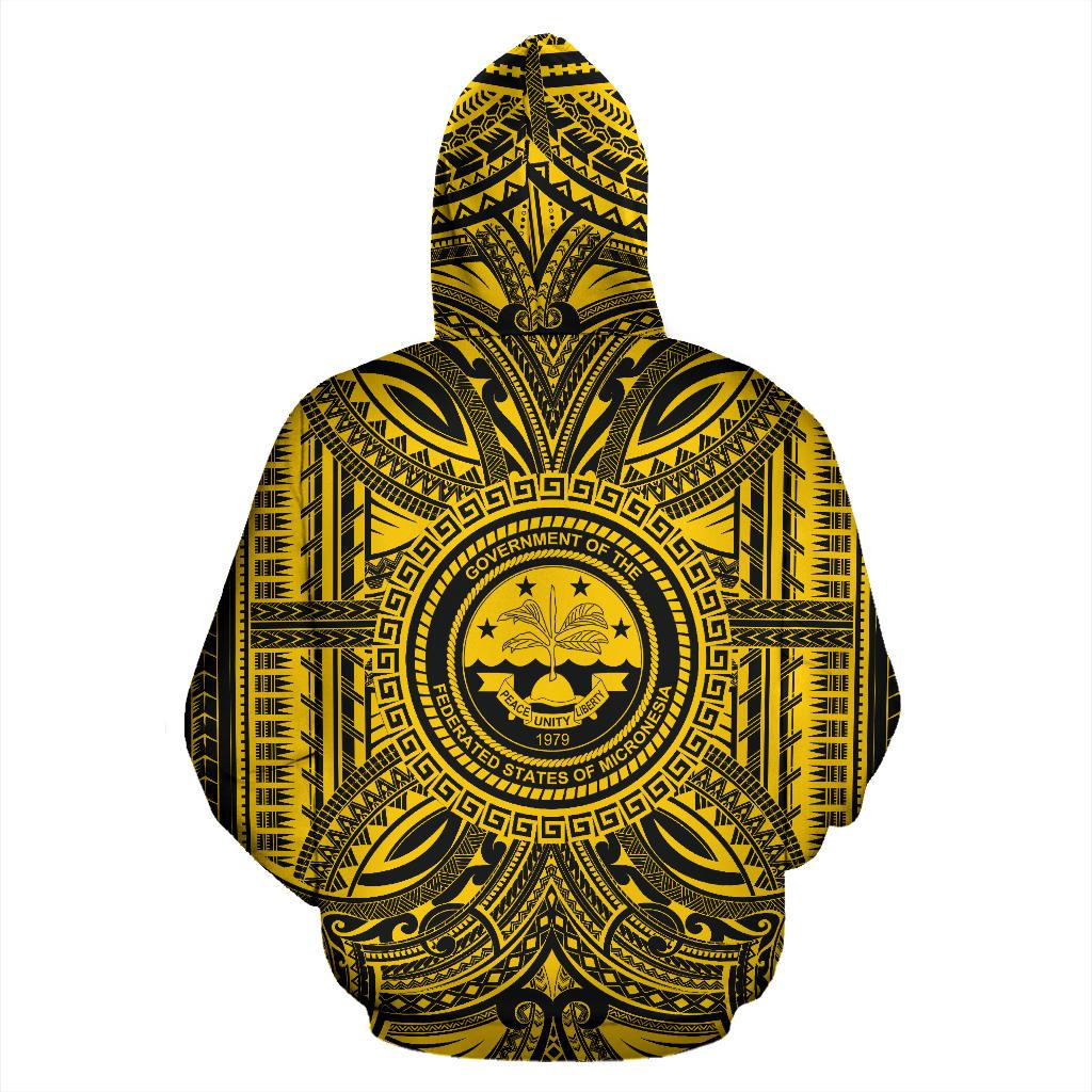 Federated States of Micronesia ll Over Hoodie Federated States of Micronesia Coat of rms Polynesian Gold Black - Polynesian Pride