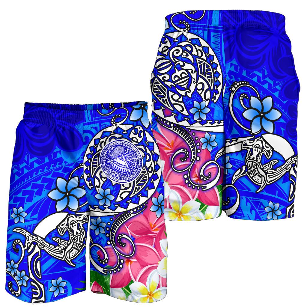 American Samoa Polynesian Men's Shorts - Turtle Plumeria (Blue) - Polynesian Pride
