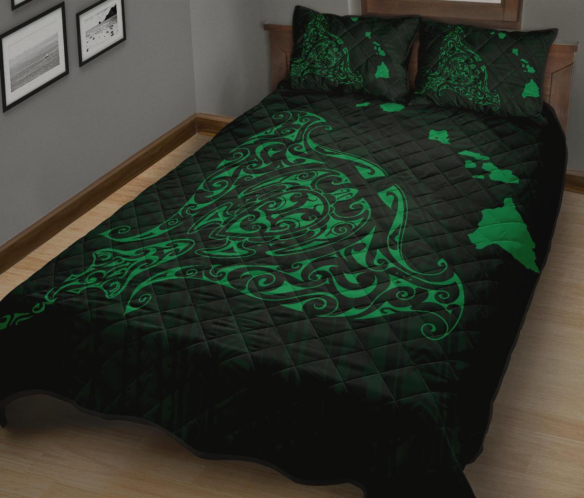 Rays Hawaii Map Polynesian Quilt Bed Set - Green - Polynesian Pride