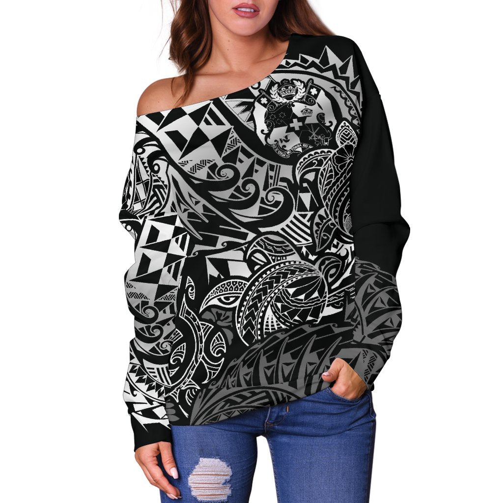Tonga Polynesian Off Shoulder Sweater (Women) - White Turtle Flowing - Polynesian Pride