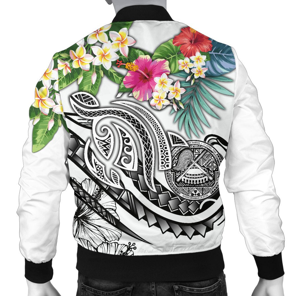 Polynesian American Samoa Men's Bomber Jacket - Summer Plumeria (White) - Polynesian Pride