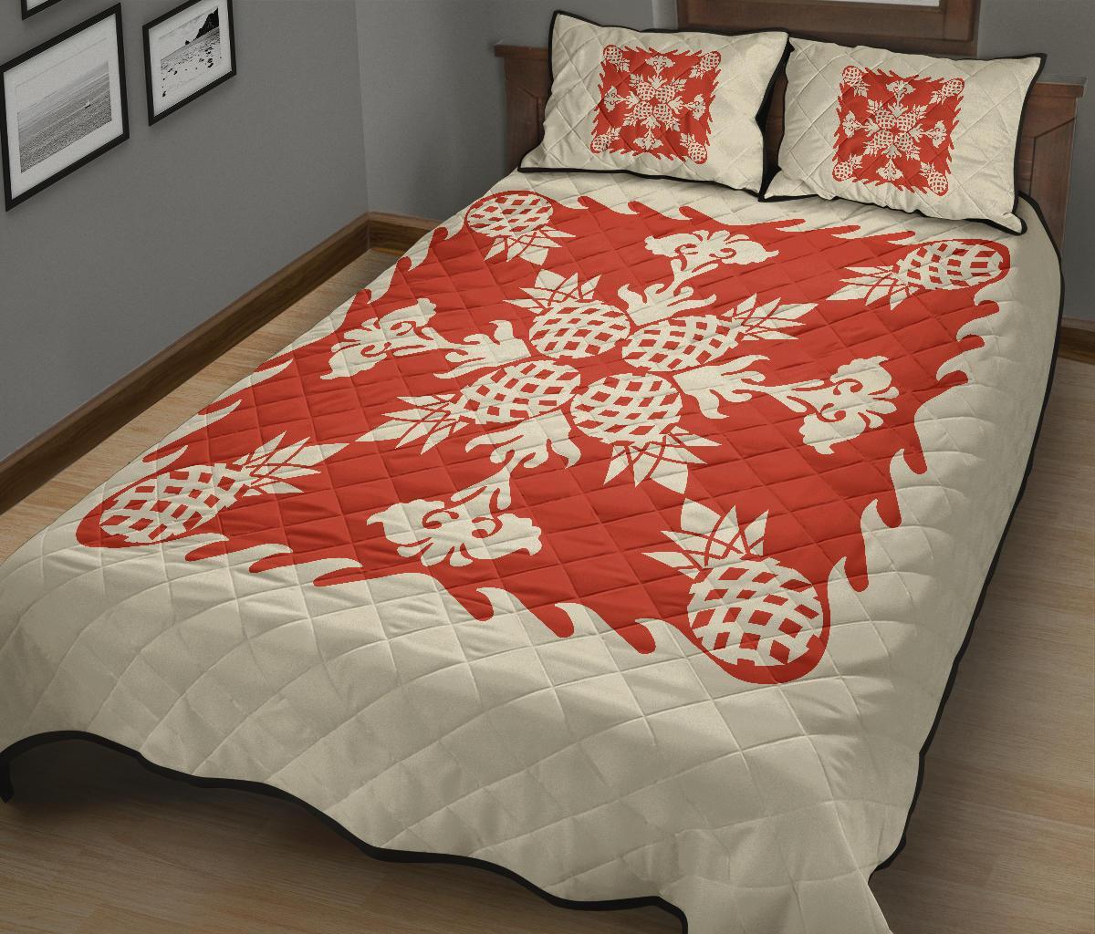 Hawaiian Quilt Bed Set Pineapple Pattern - White Mix Red - Polynesian Pride