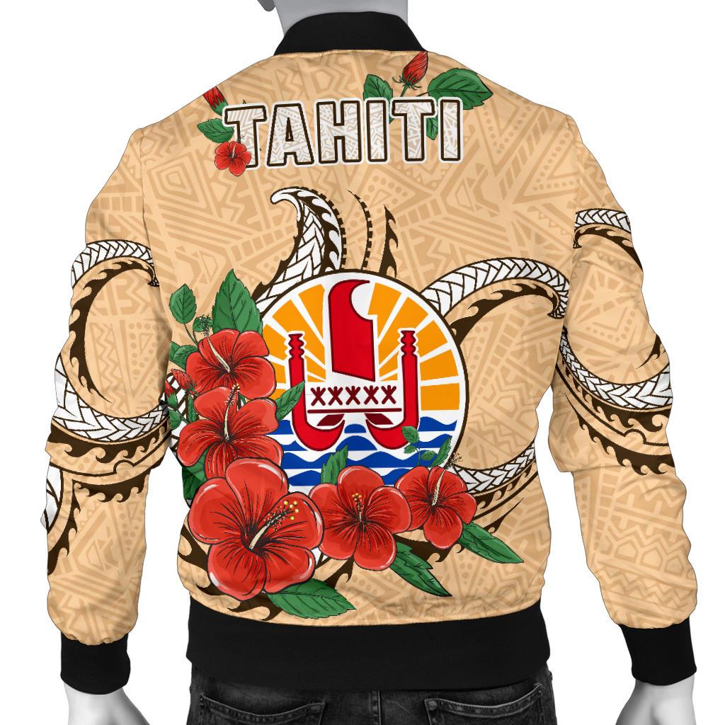 Tahiti Polynesian Men Bomber Jacket - Hibiscus Coat of Arm Beige - Polynesian Pride