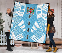 Fiji Premium Quilt - Fiji Coat Of Arms Polynesian White Tattoo (Blue) - Polynesian Pride