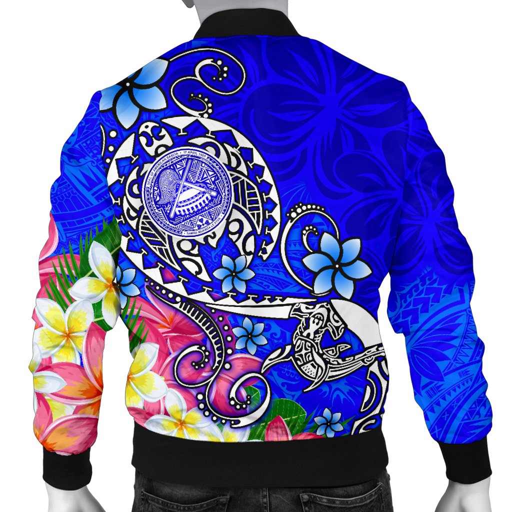 American Samoa Polynesian Men's Bomber Jacket - Turtle Plumeria (Blue) - Polynesian Pride