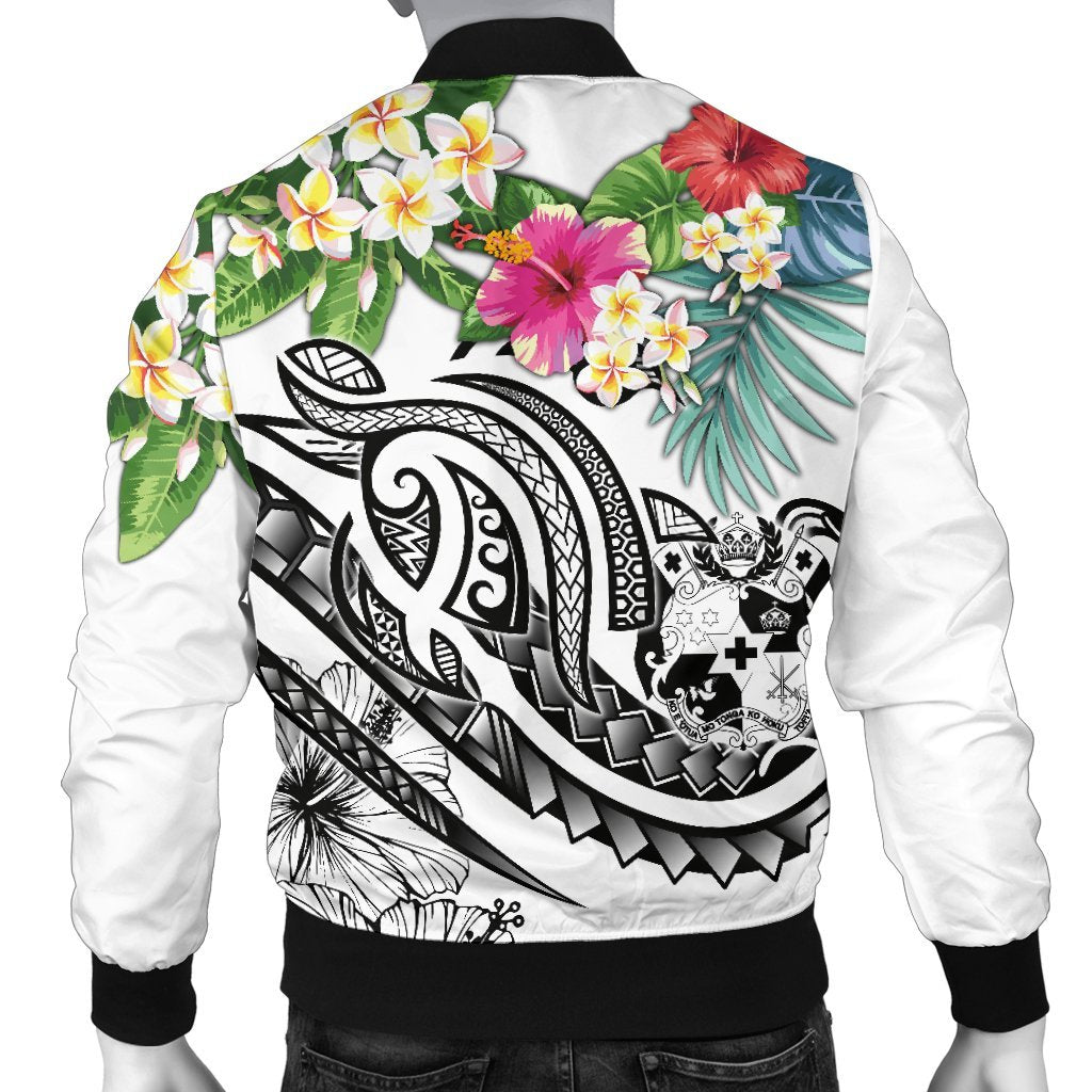 Tonga Polynesian Men's Bomber Jacket - Summer Plumeria (White) - Polynesian Pride