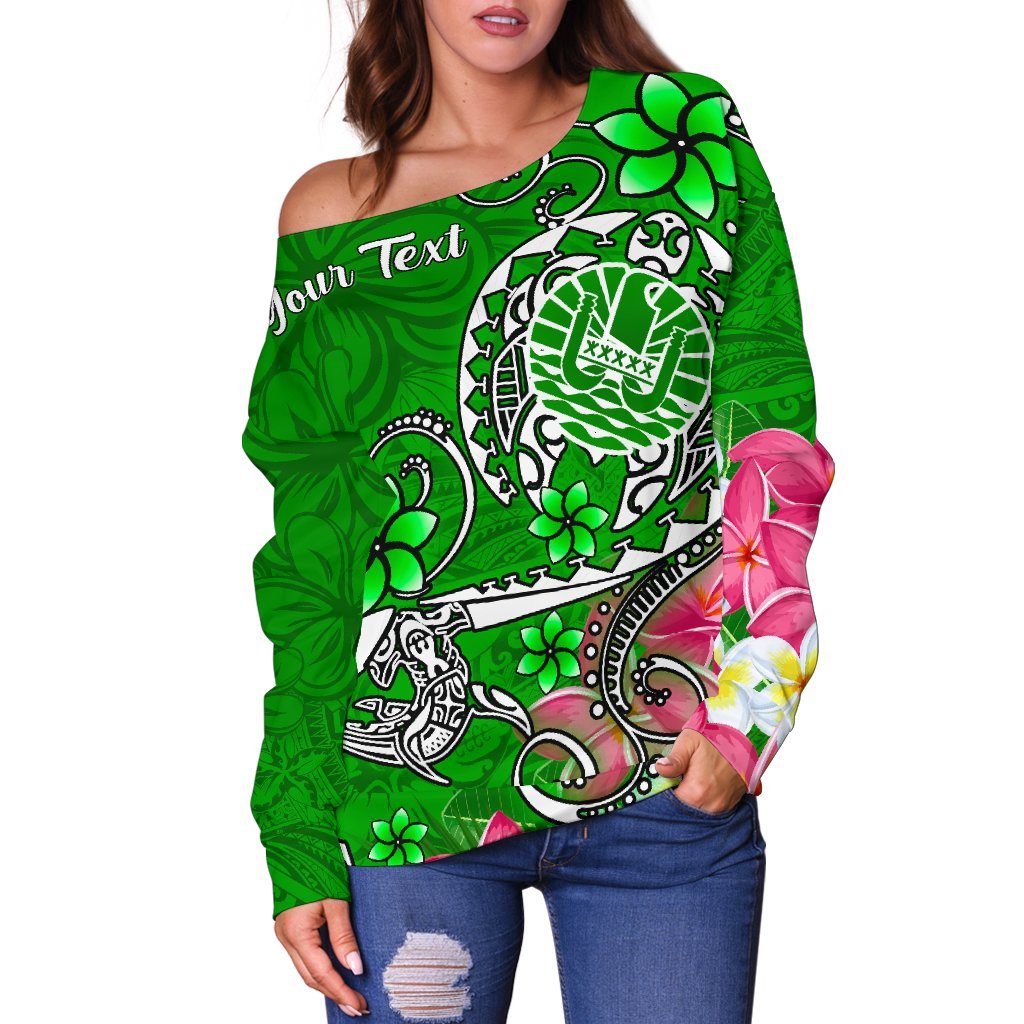 Tahiti Custom Personalised Women's Off Shoulder Sweater - Turtle Plumeria (Green) - Polynesian Pride