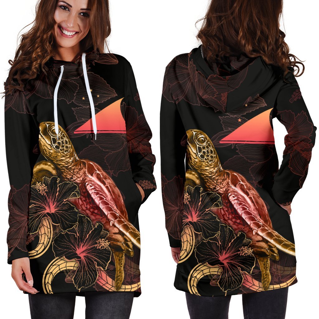 Tokelau Polynesian Hoodie Dress - Turtle With Blooming Hibiscus Gold - Polynesian Pride