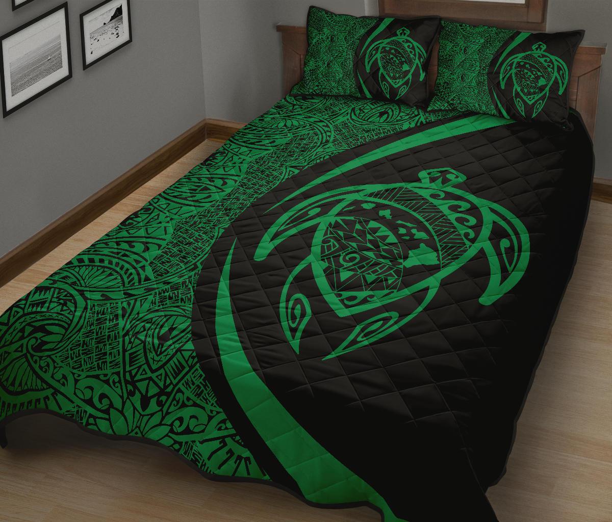 Hawaii Turtle Map Polynesian Quilt Bed Set - Green - Circle Style - Polynesian Pride