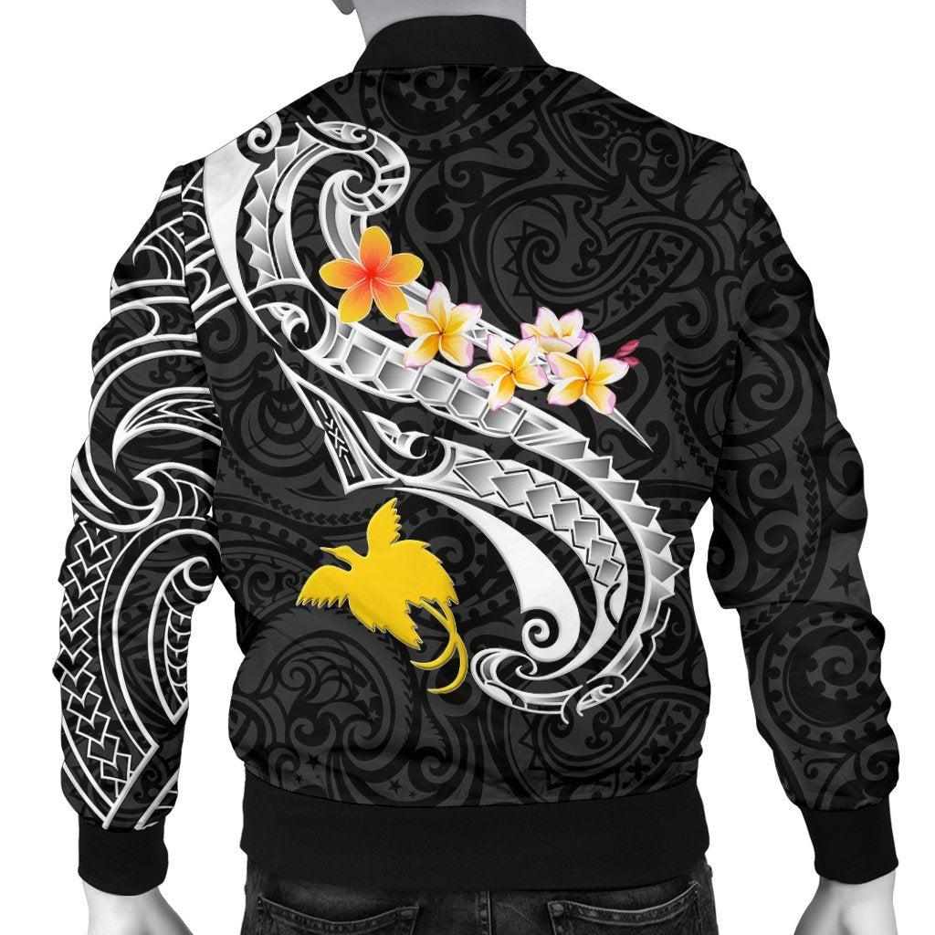 Papua New Guinea Custom Personalised Men's Bomber Jackets - PNG Seal Polynesian Patterns Plumeria (Black) - Polynesian Pride