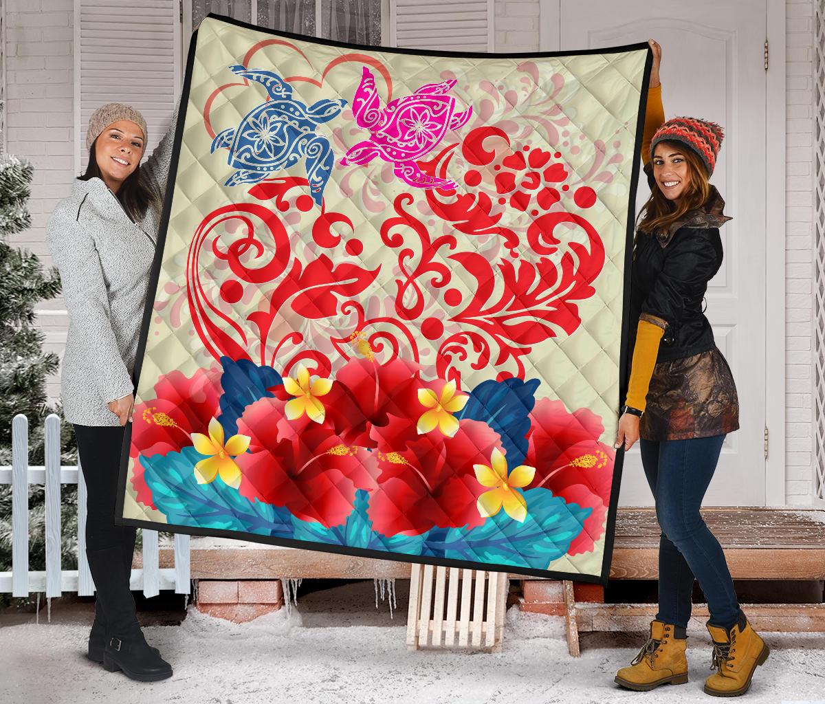 Hawaii Turtle Couple Hibiscus Valentine Pattern Premium Quilt - Romance Style - AH - Polynesian Pride