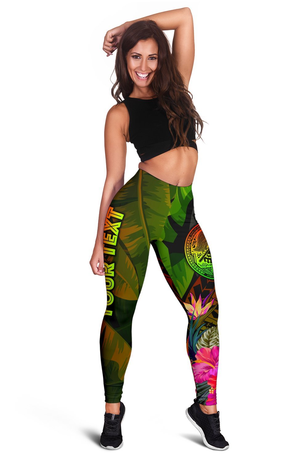 American Samoa Polynesian Personalised Women's Leggings - Hibiscus and Banana Leaves - Polynesian Pride