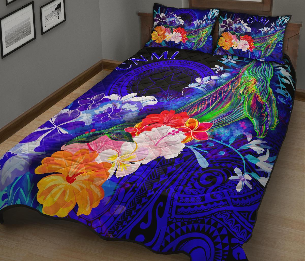 CNMI Quilt Bed Set - Humpback Whale with Tropical Flowers (Blue) - Polynesian Pride