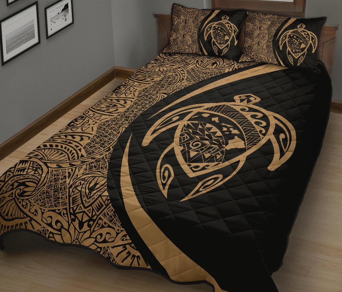 Hawaii Turtle Map Polynesian Quilt Bed Set - Gold - Circle Style - Polynesian Pride