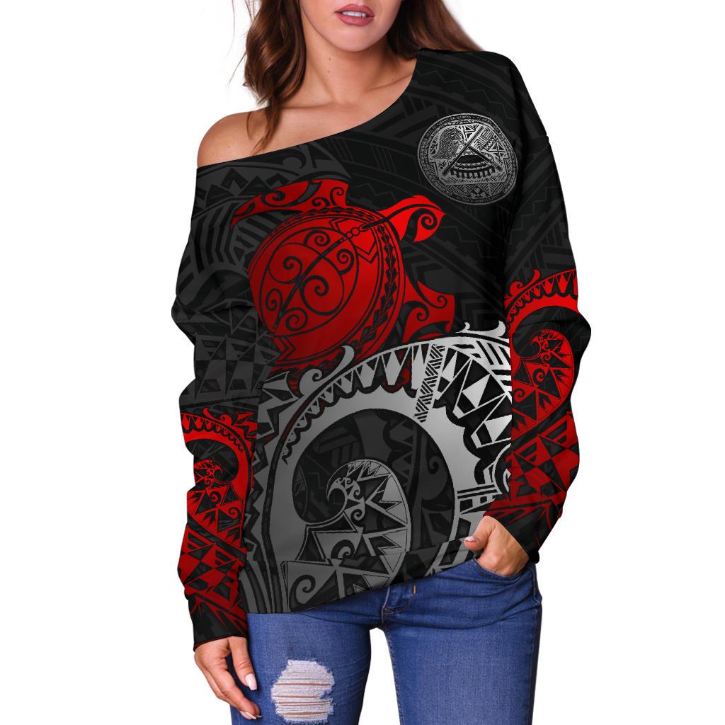 American Samoa Polynesian Off Shoulder Sweater - Polynesian Turtle (Red) - Polynesian Pride