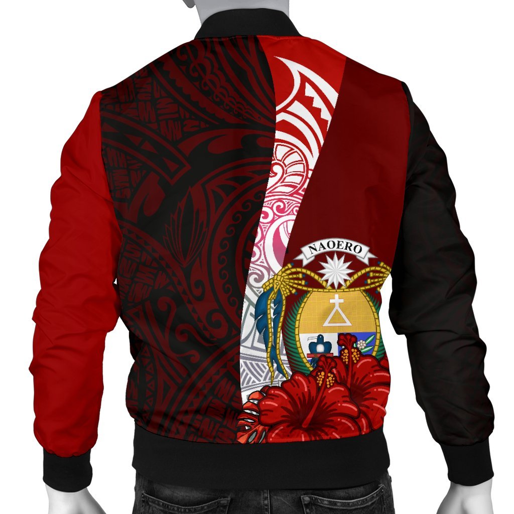 Nauru Polynesian Men's Bomber Jacket - Coat Of Arm With Hibiscus - Polynesian Pride