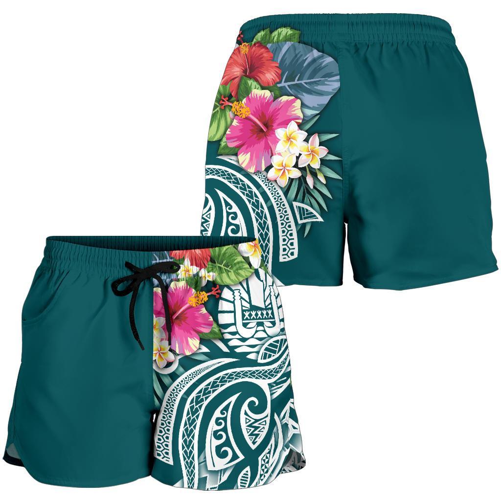 Tahiti Polynesian Women's Shorts - Summer Plumeria (Turquoise) - Polynesian Pride