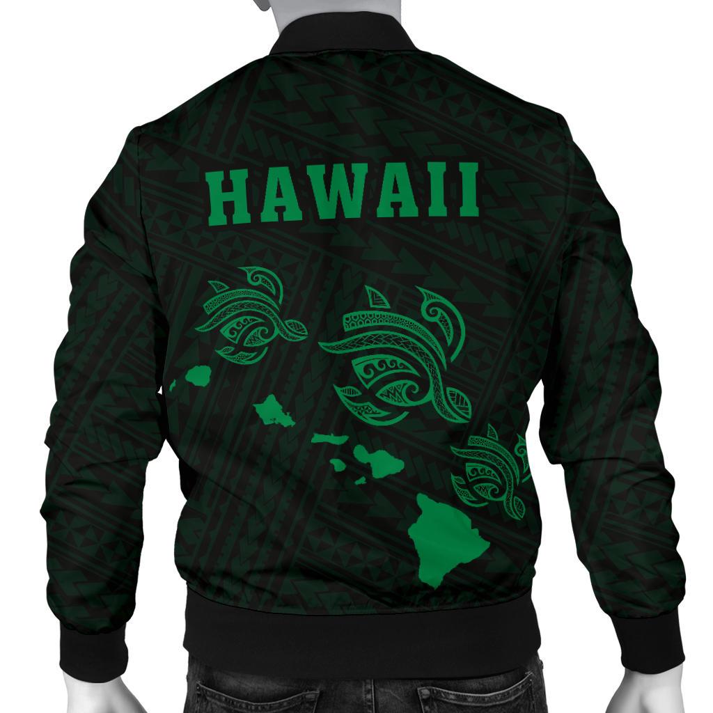 Hawaii Kakau Polynesian Three Turtles Map Men's Bomber Jacket - Green - Polynesian Pride