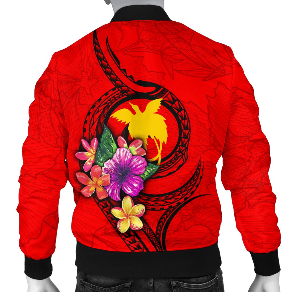 Papua New Guinea Polynesian Men's Bomber Jacket - Floral With Seal Red - Polynesian Pride